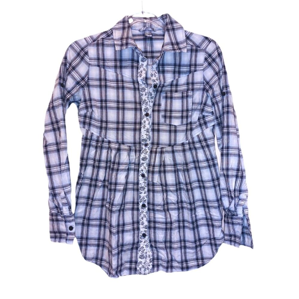 Free People Blue and White Long Sleeve Smock Blouse Size 6 Cabincore Casual Fun